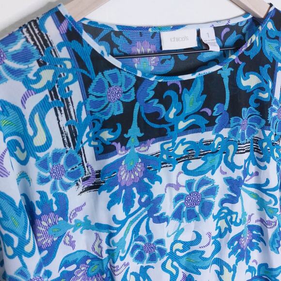 Chicos Blue Semi-sheer Short Sleeve Shirt Womens Medium - Picture 2 of 7